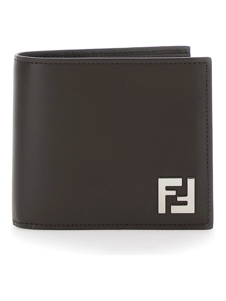 Brown Bi-Fold Wallet with Squared FF Motif in Leather Man