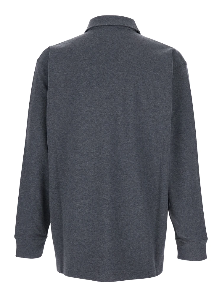 Grey Polo Shirt with Long Sleeves and Front Patch Pocket in Cotton Woman alternative