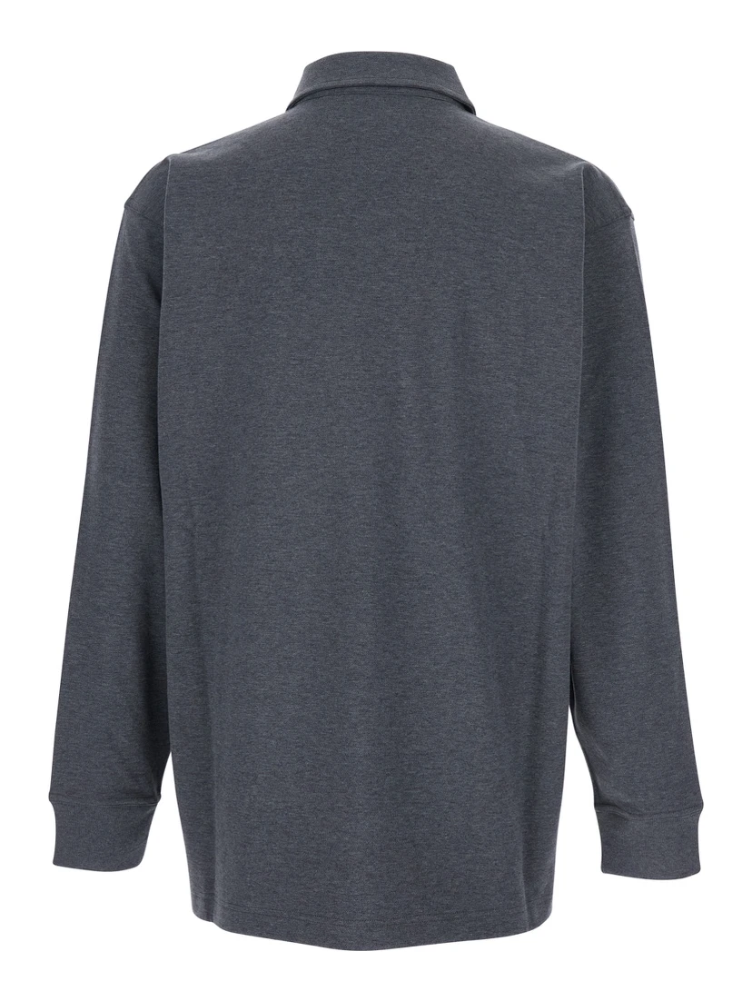 Grey Polo Shirt with Long Sleeves and Front Patch Pocket in Cotton Woman