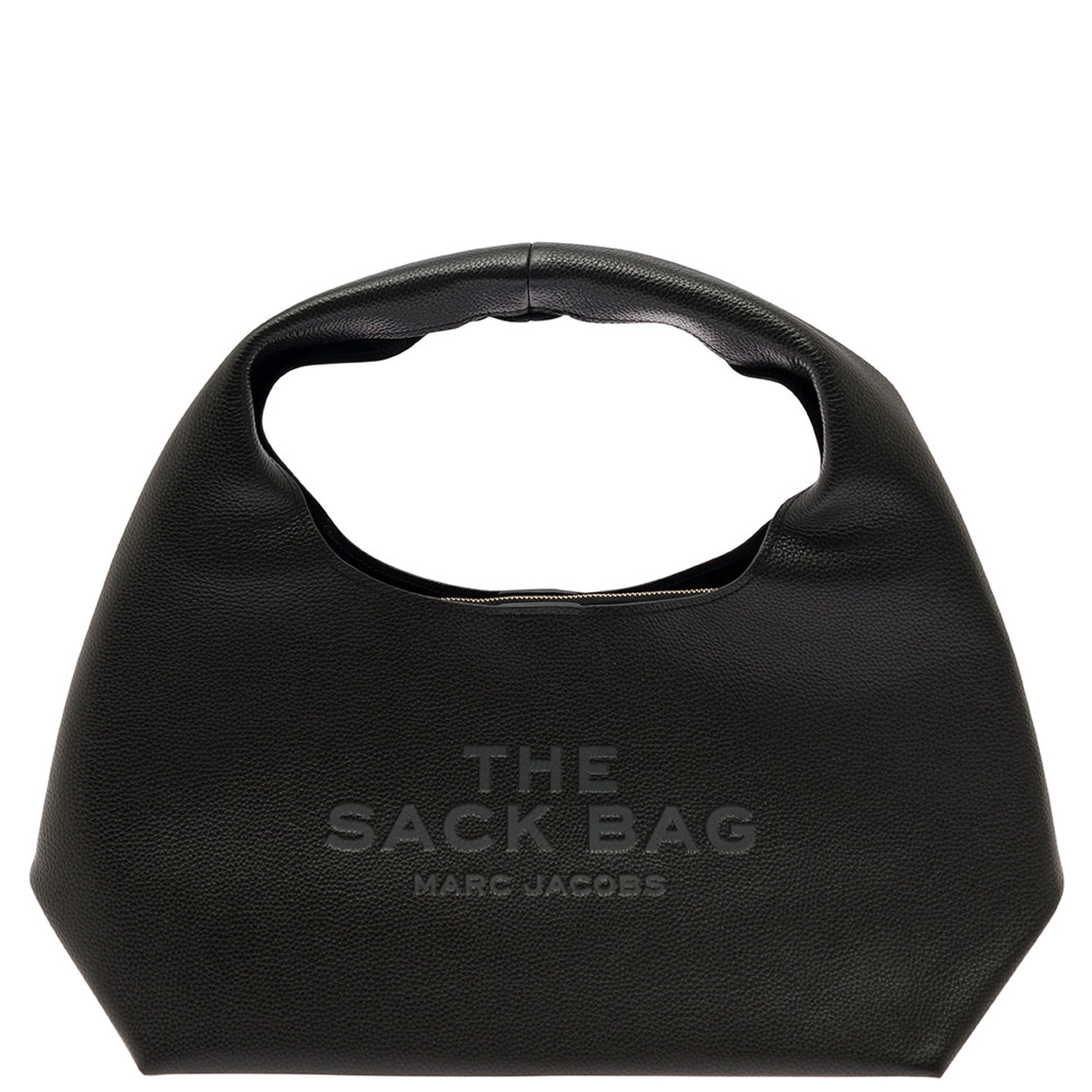 The Sack Black Shoulder Bag with Embossed Logo in Hammered Leather Woman