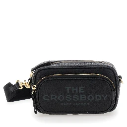 The Crossbody Black Shoulder Bag with Logo Embossed on the Front in Hammered Leather Woman