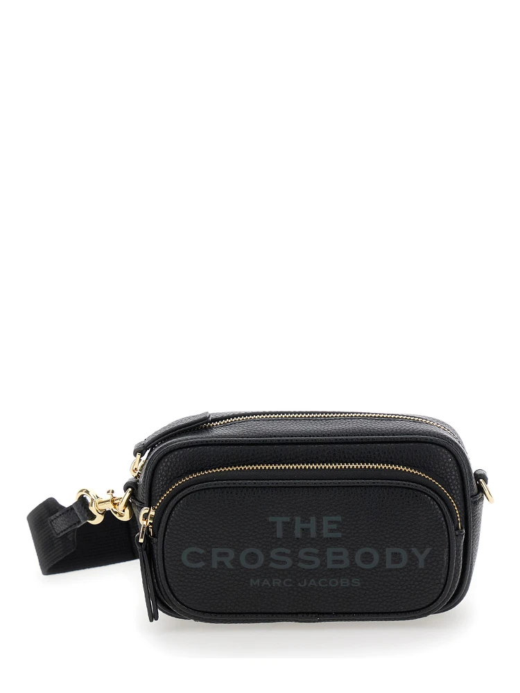 The Crossbody Black Shoulder Bag with Logo Embossed on the Front in Hammered Leather Woman