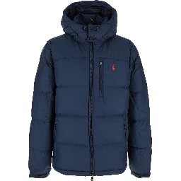 Blue Down Jacket with Fixed Hood and Embroidered Pony Logo on Chest in Tech Fabric Man