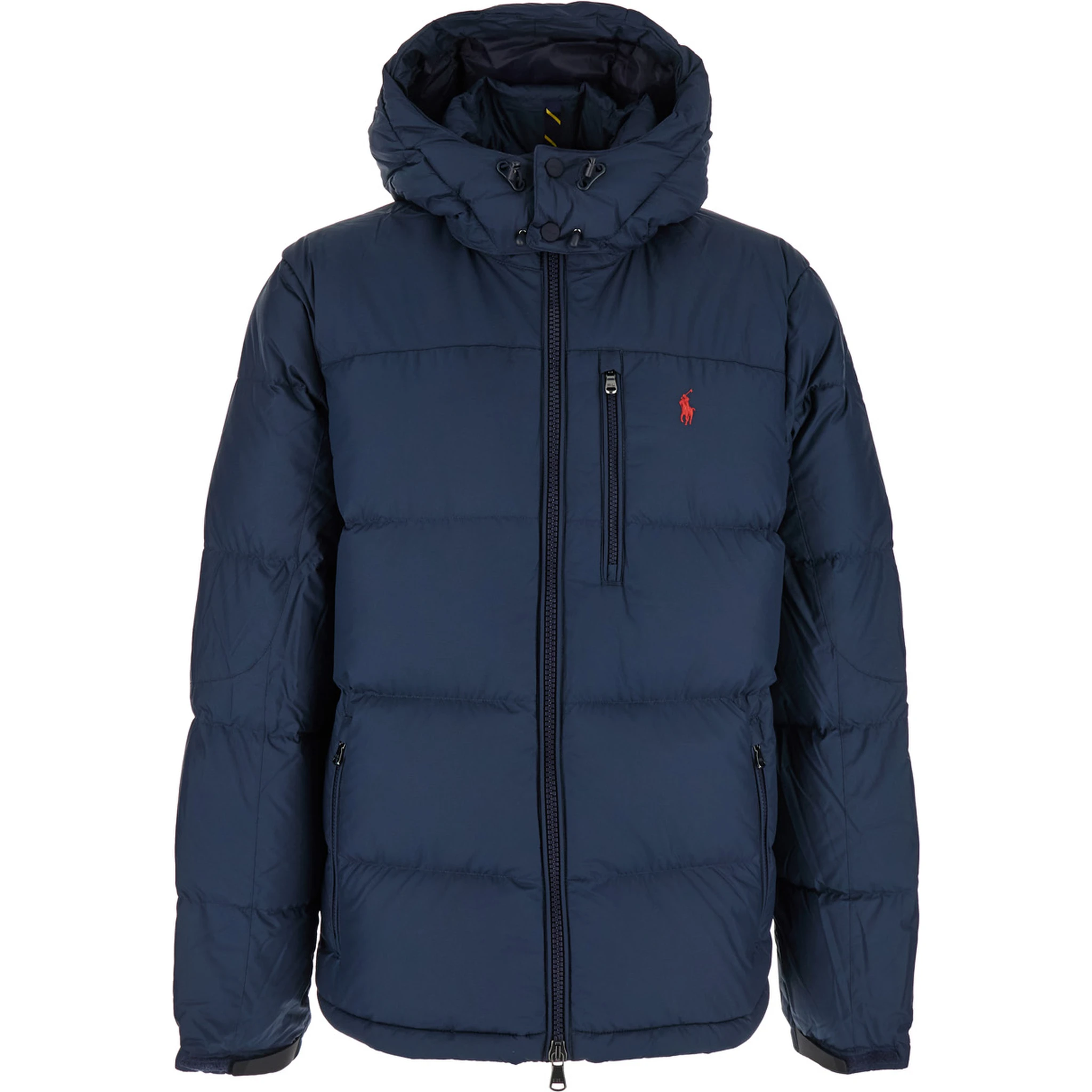 Blue Down Jacket with Fixed Hood and Embroidered Pony Logo on Chest in Tech Fabric Man