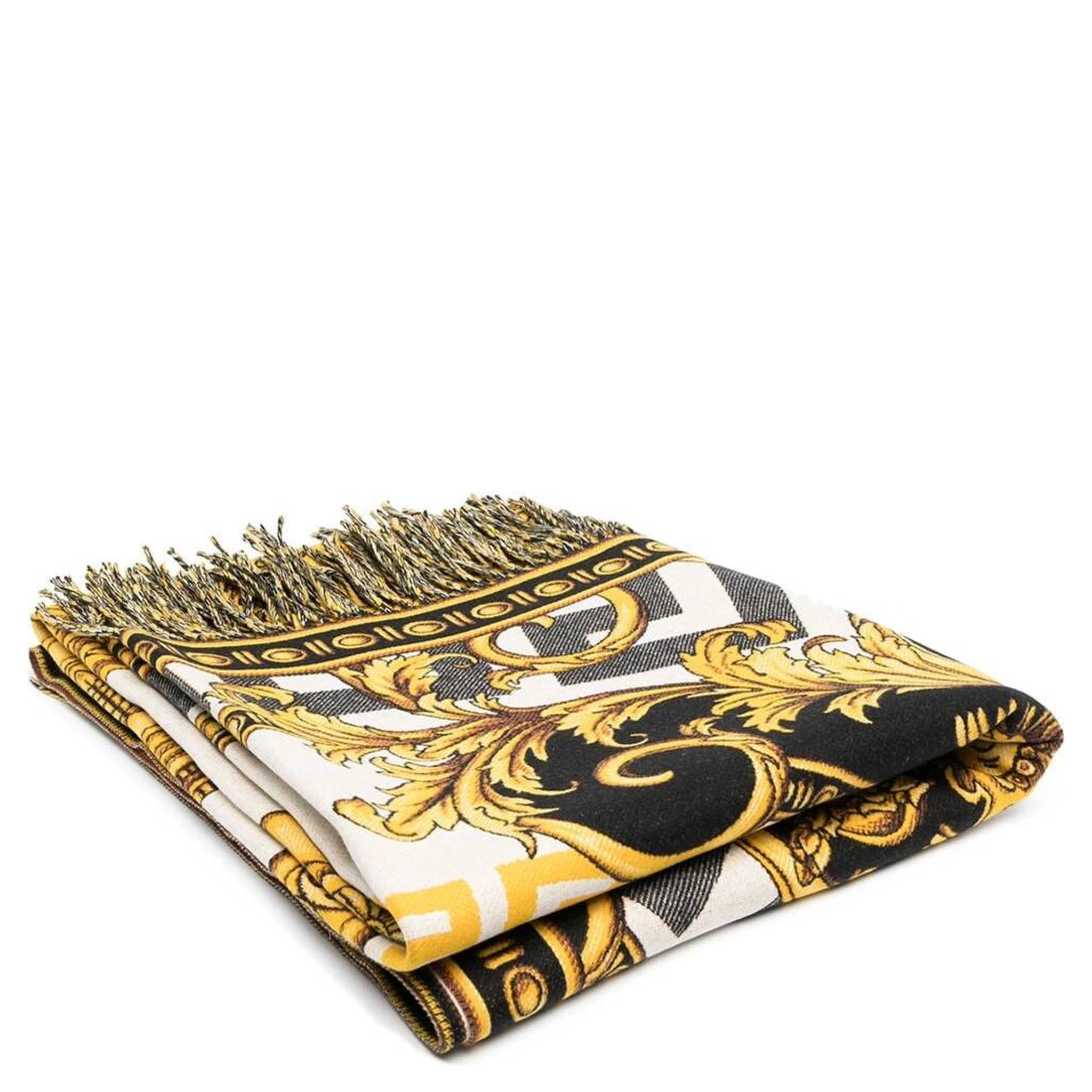 White / Gold / Black Wool Blanket with All Over Baroque Print