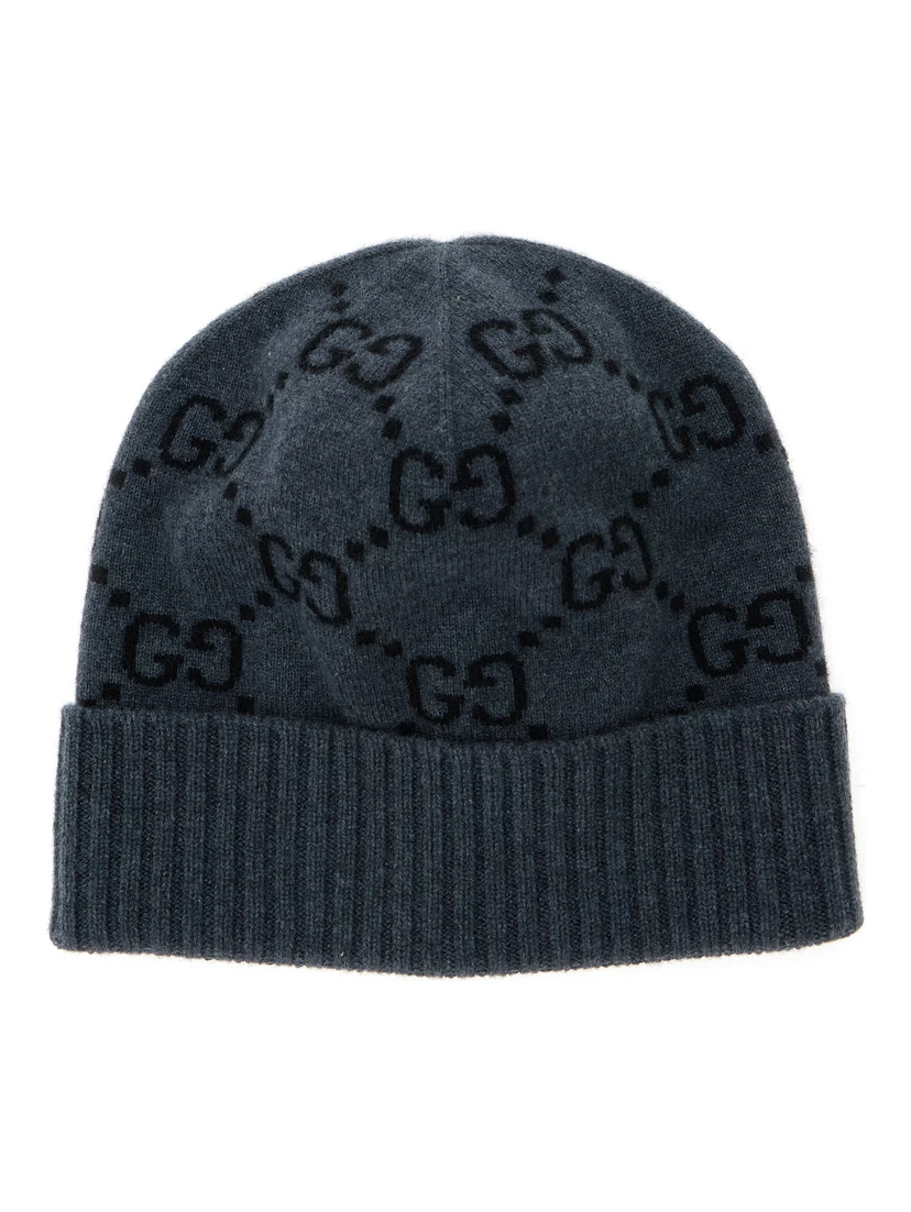 قبعة صوفية رمادية بحافة مطوية من قماش الكشمير بنقشة جاكار جي جي