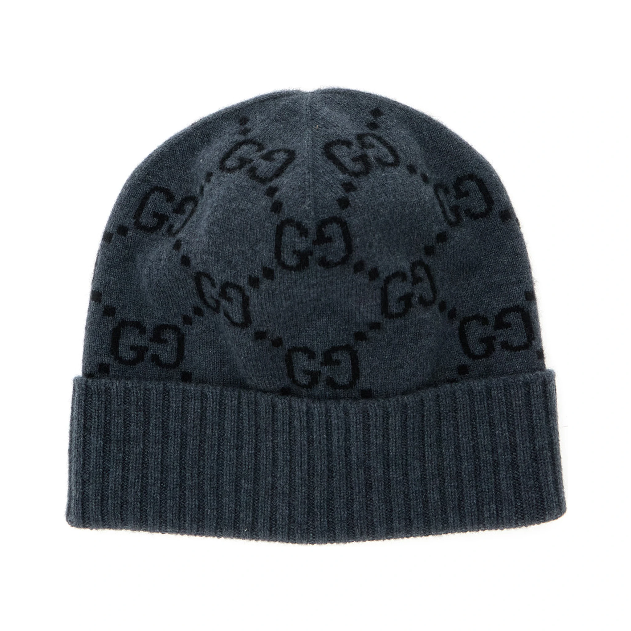 قبعة صوفية رمادية بحافة مطوية من قماش الكشمير بنقشة جاكار جي جي