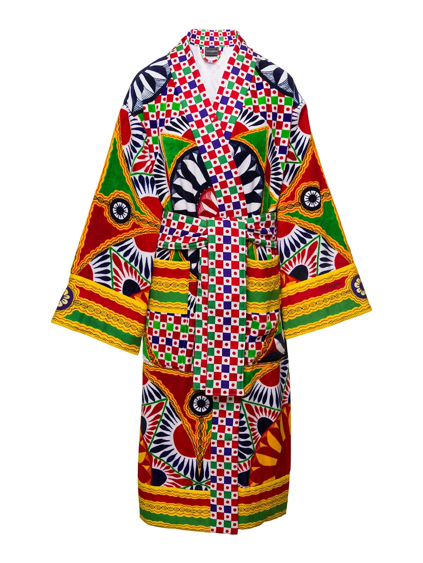 Multicolor Kimono Bathrobe with All-Over Carretto Siciliano Print in Cotton Dolce & Gabbana