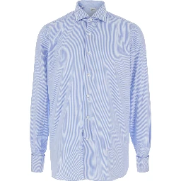 Light Blue Shirt with Classic Collar and All-Over Striped Motif in Cotton Man