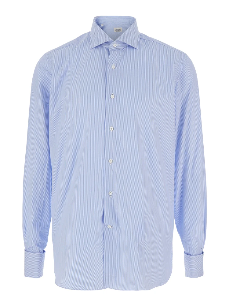 Light Blue Shirt with Classic Collar and All-Over Striped Motif in Cotton Man