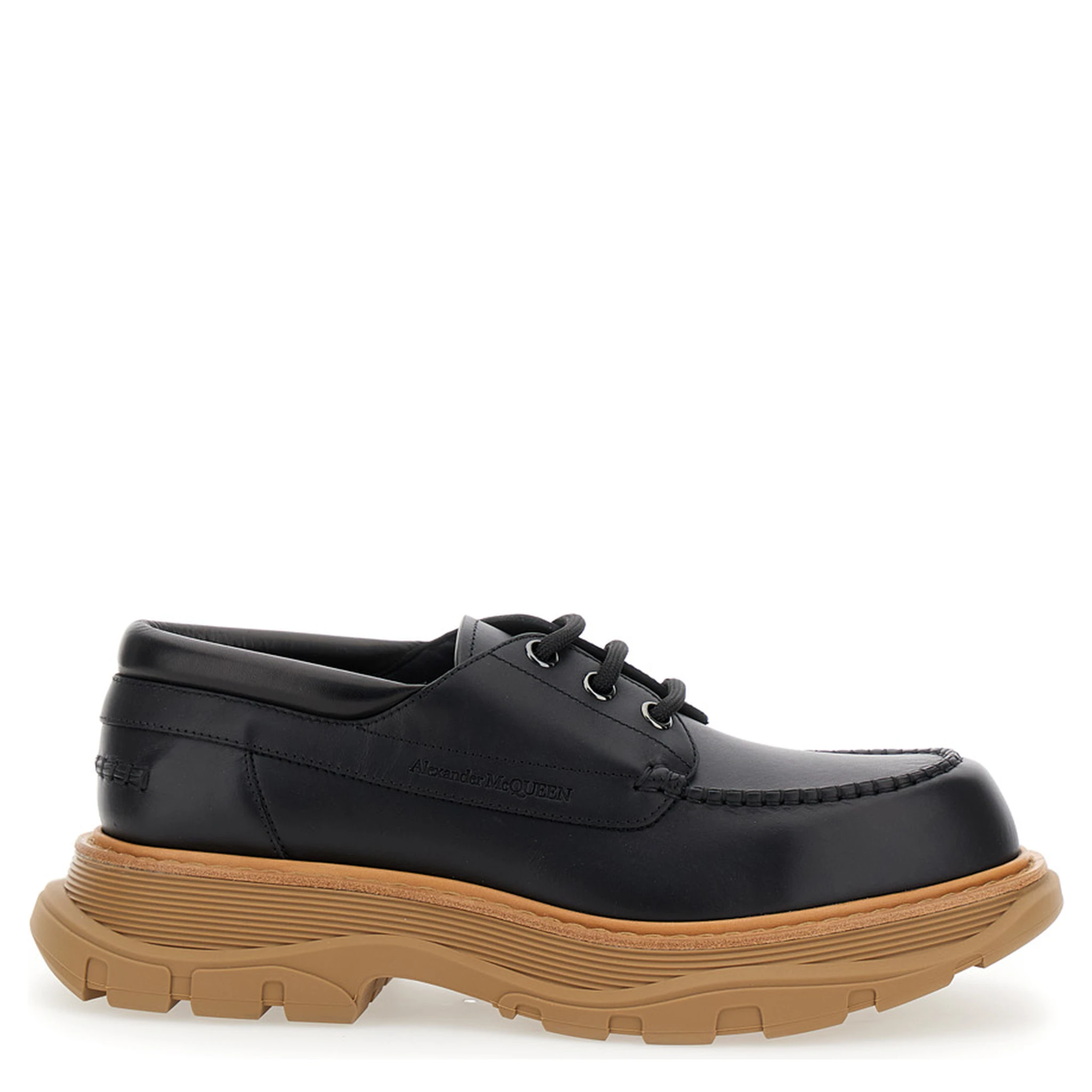 Black Derby Shoes with Engraved Logo and Platform in Leather Man