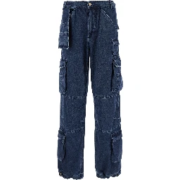 Blue Cargo Pants with Logo Patch in Denim Man