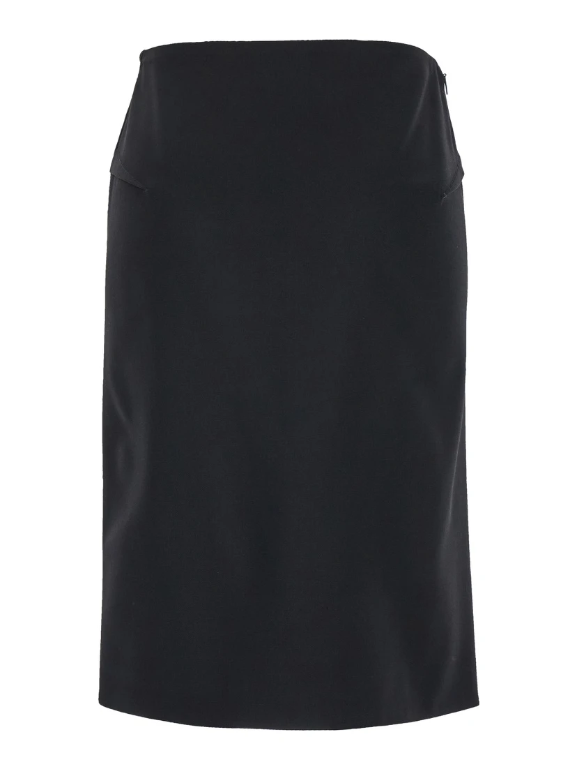 Black Midi Skirt with Side Slit in Stretch Wool Woman