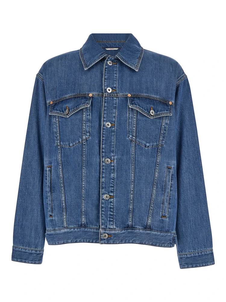 Light Blue Jacket with Buttons and Logo Patch in Denim Man