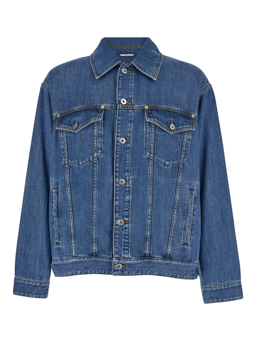 Light Blue Jacket with Buttons and Logo Patch in Denim Man
