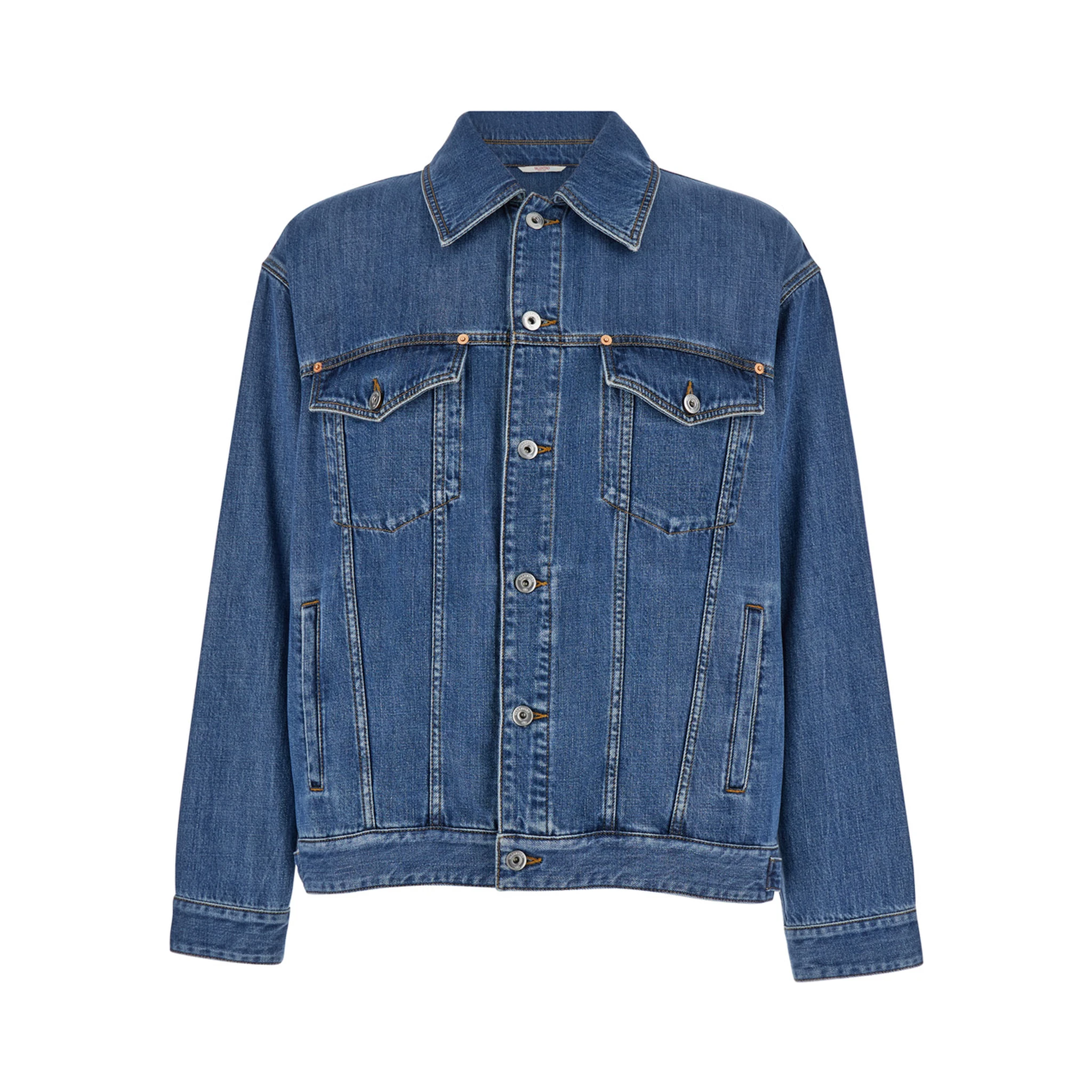 Light Blue Jacket with Buttons and Logo Patch in Denim Man