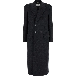 Grey Double-Breasted Coat with Peak Revers in Cashmere and Wool Woman