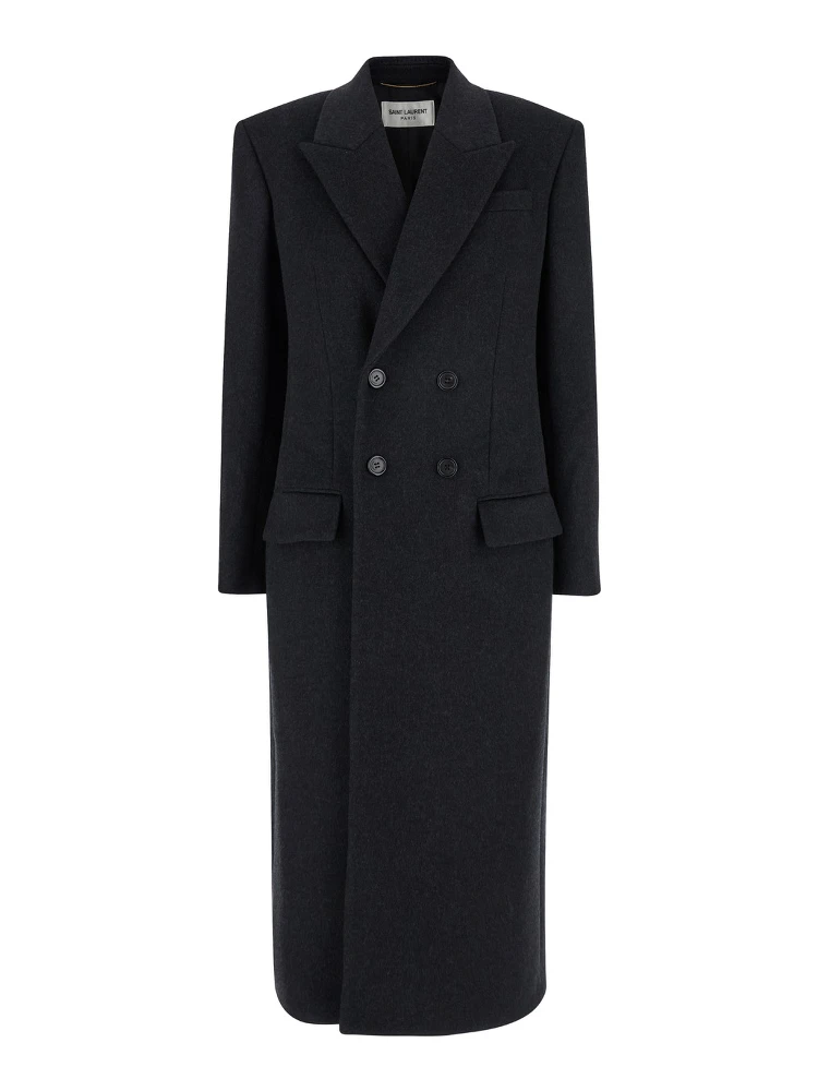 Grey Double-Breasted Coat with Peak Revers in Cashmere and Wool Woman