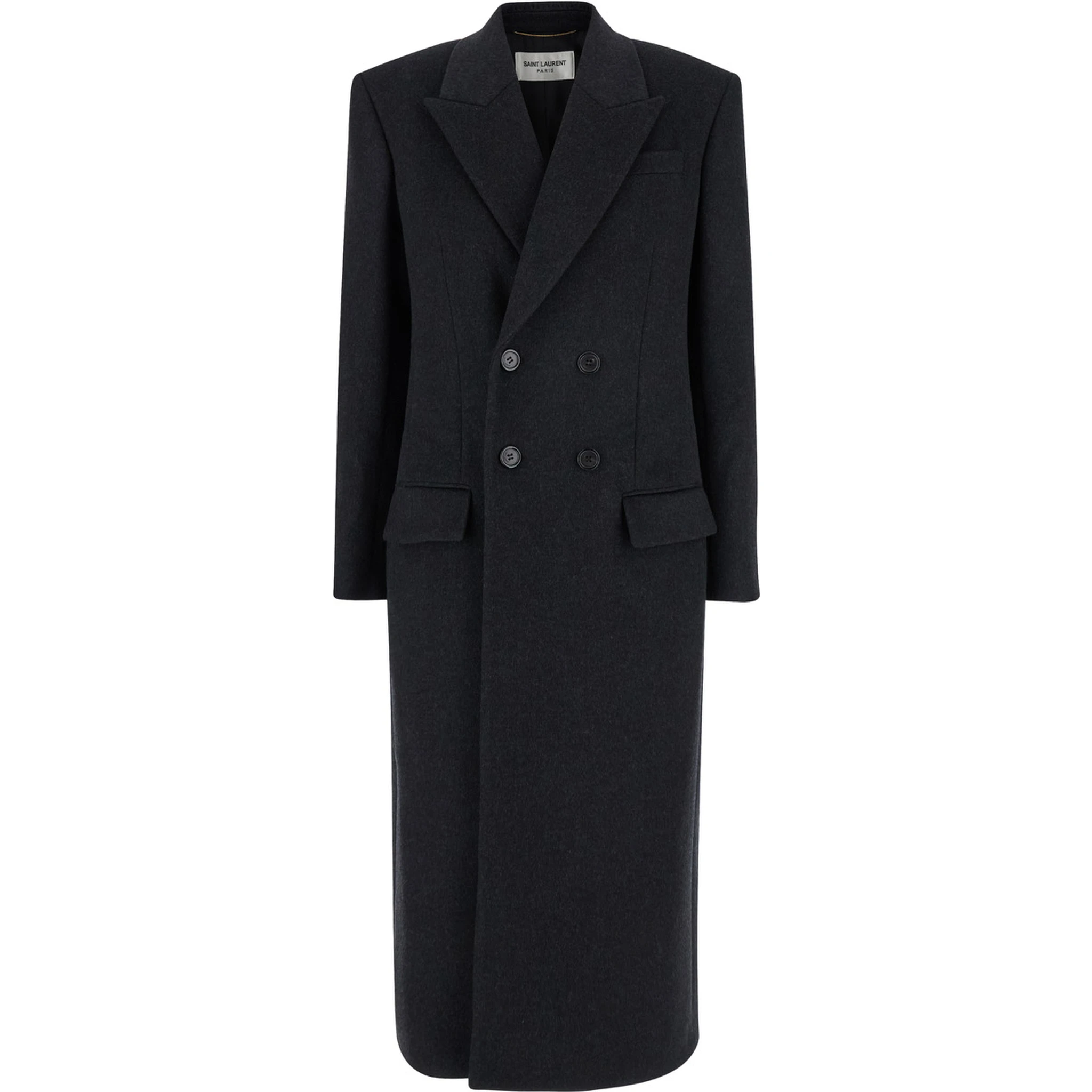 Grey Double-Breasted Coat with Peak Revers in Cashmere and Wool Woman