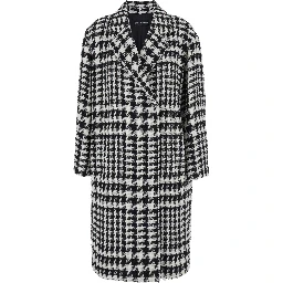 Black and White Coat with All-Over Check Motiv in Wool Blend Woman