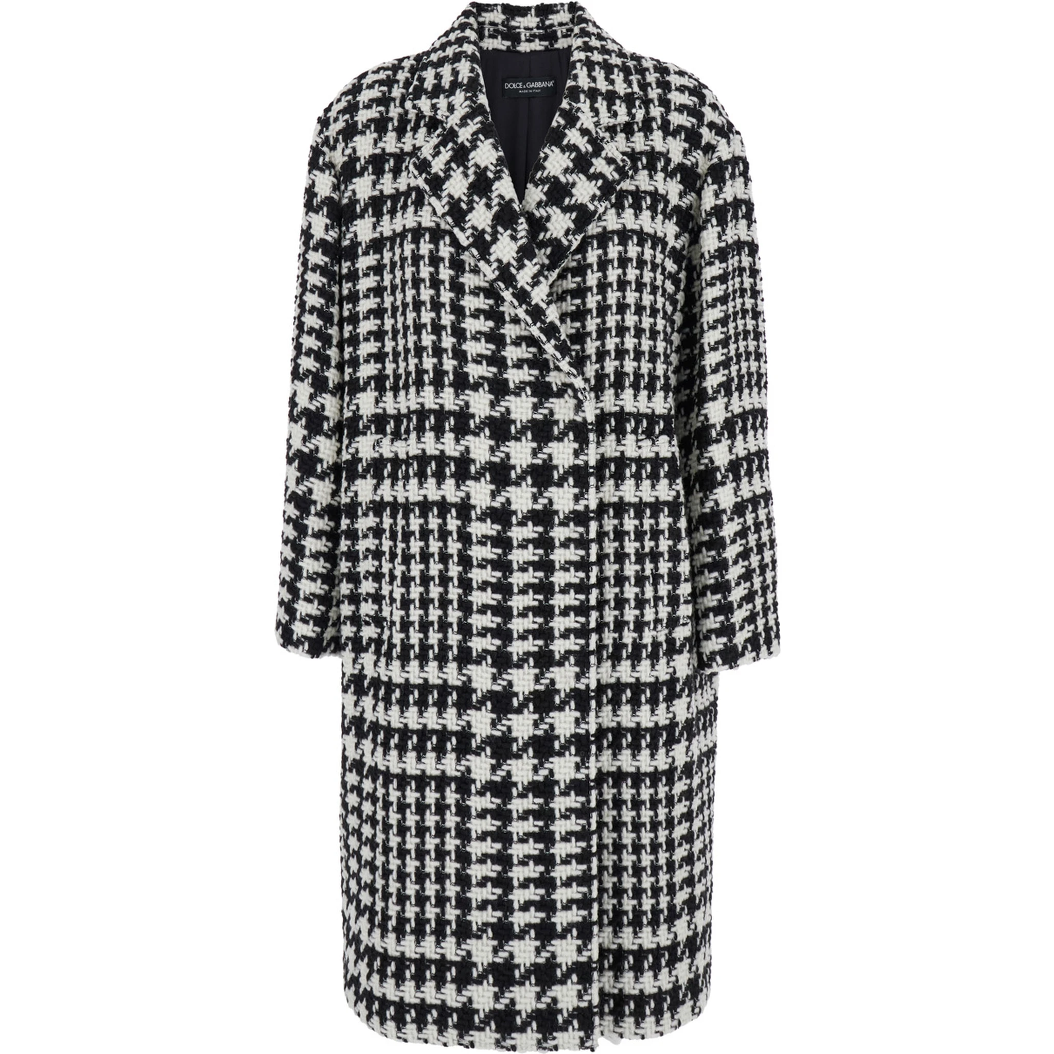 Black and White Coat with All-Over Check Motiv in Wool Blend Woman