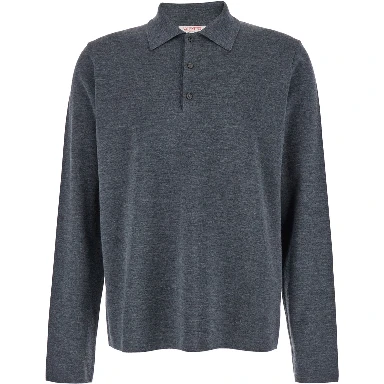 Grey Polo Shirt with Classic Collar and Long Sleeves in Wool Man