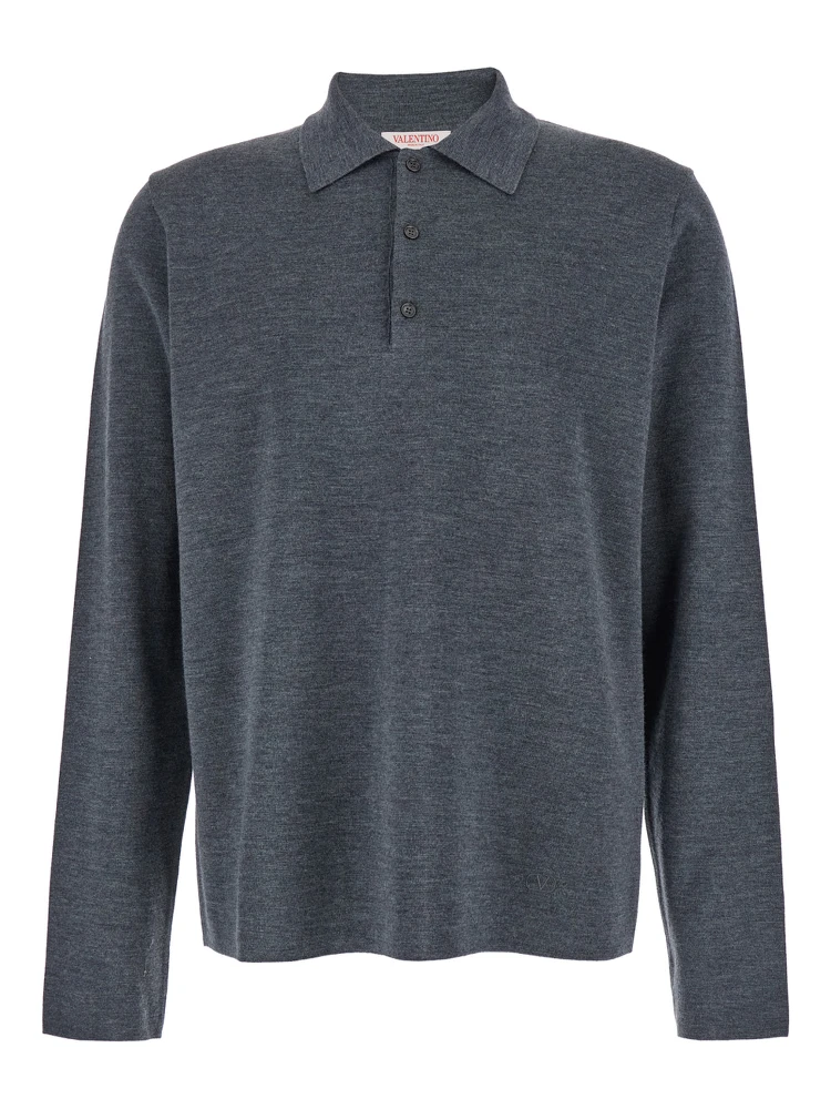 Grey Polo Shirt with Classic Collar and Long Sleeves in Wool Man