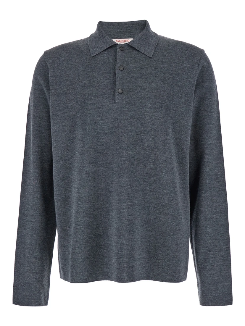 Grey Polo Shirt with Classic Collar and Long Sleeves in Wool Man