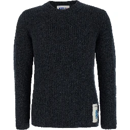 Grey Crewneck Sweater with Logo Patch in Ribbed Wool Man