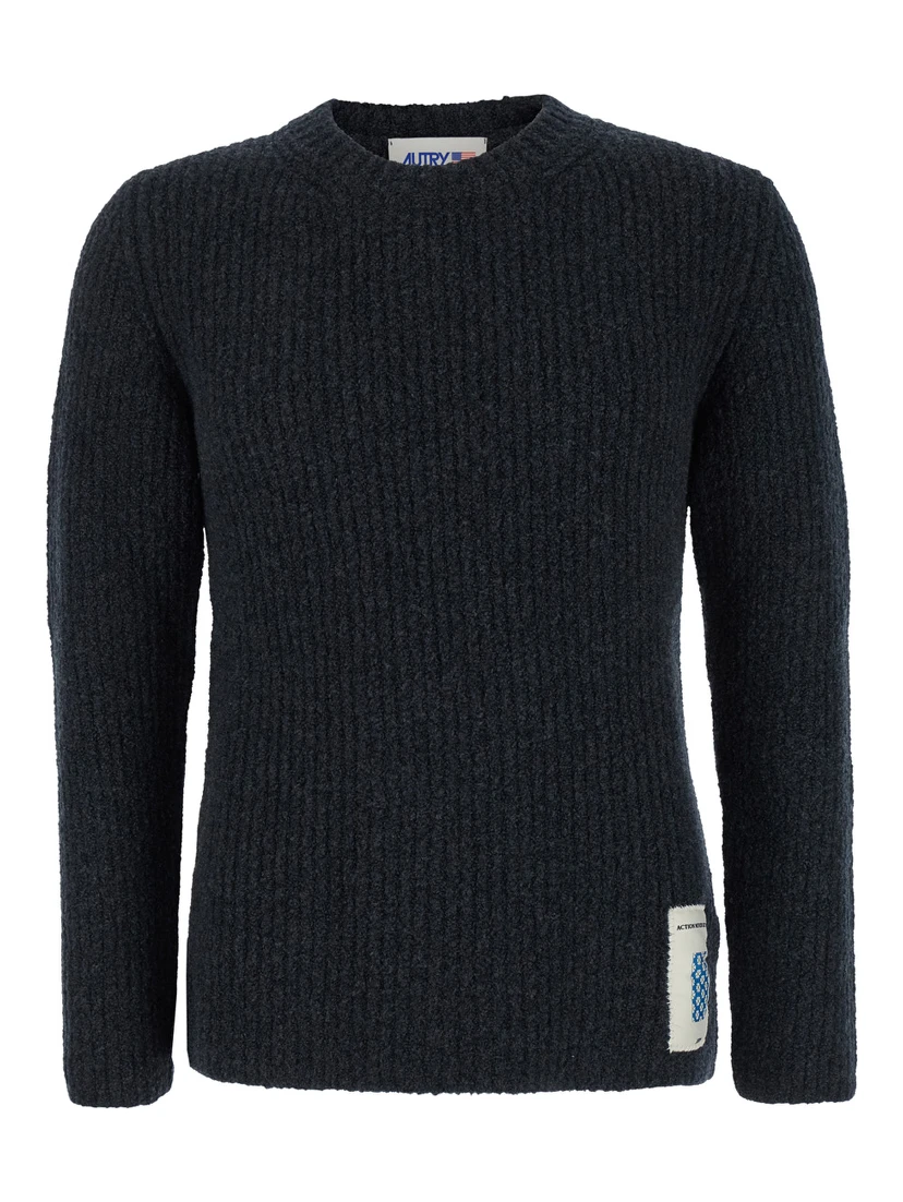 Grey Crewneck Sweater with Logo Patch in Ribbed Wool Man