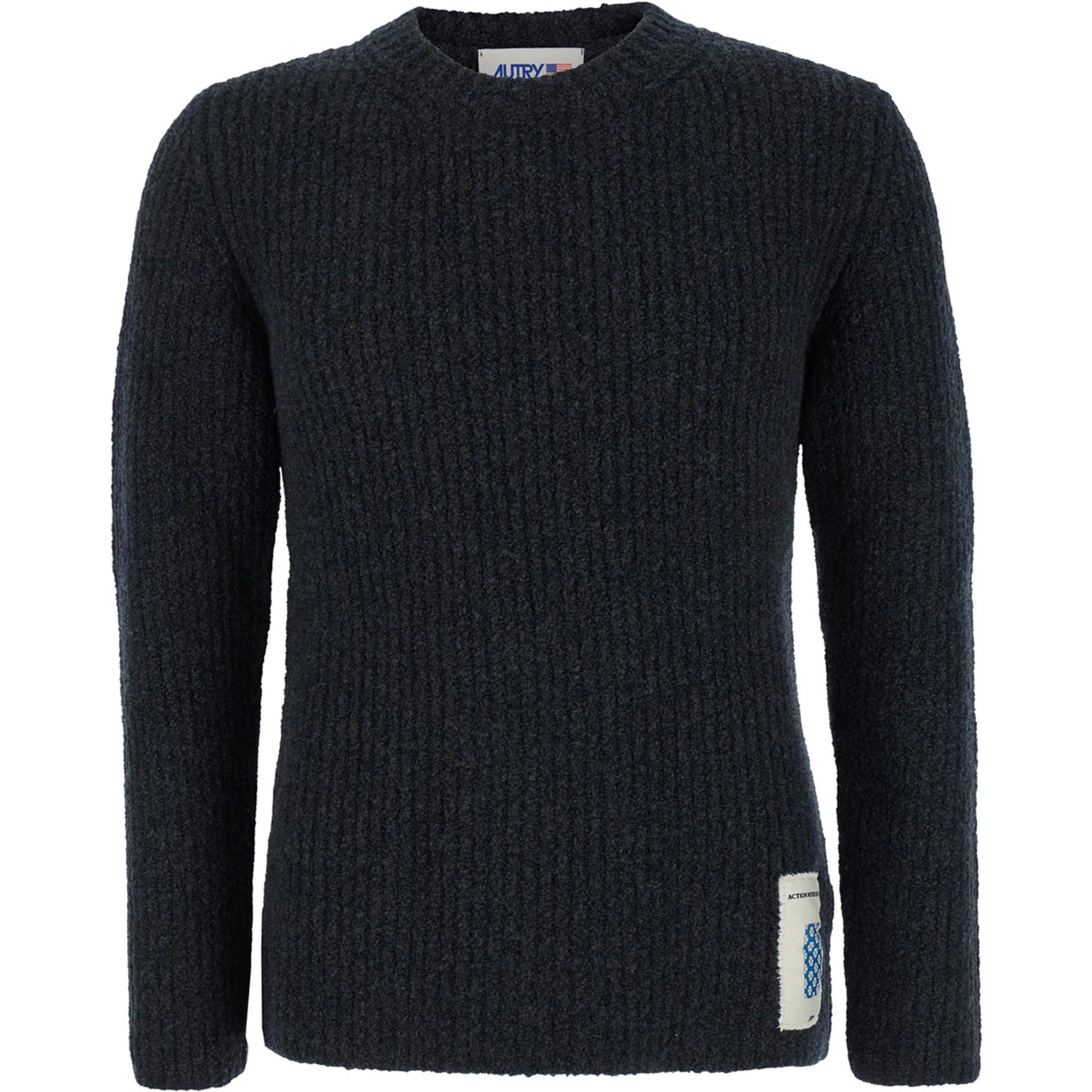 Grey Crewneck Sweater with Logo Patch in Ribbed Wool Man