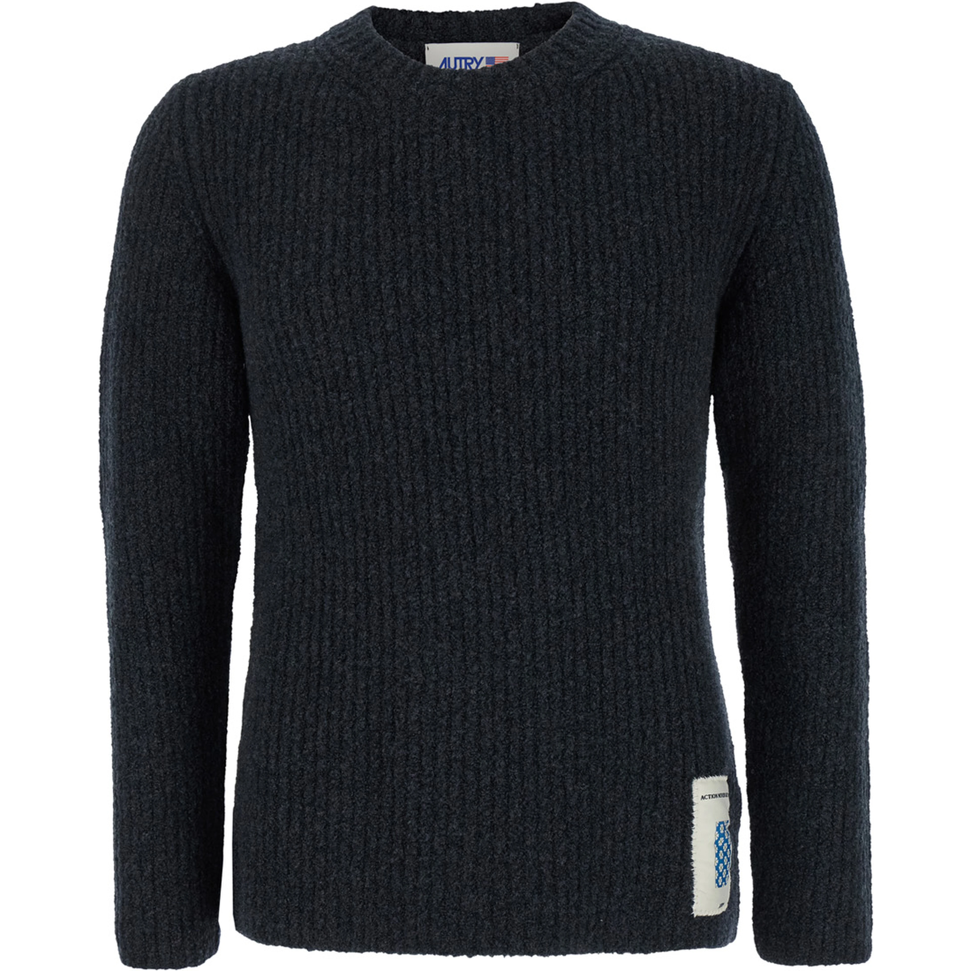 Grey Crewneck Sweater with Logo Patch in Ribbed Wool Man