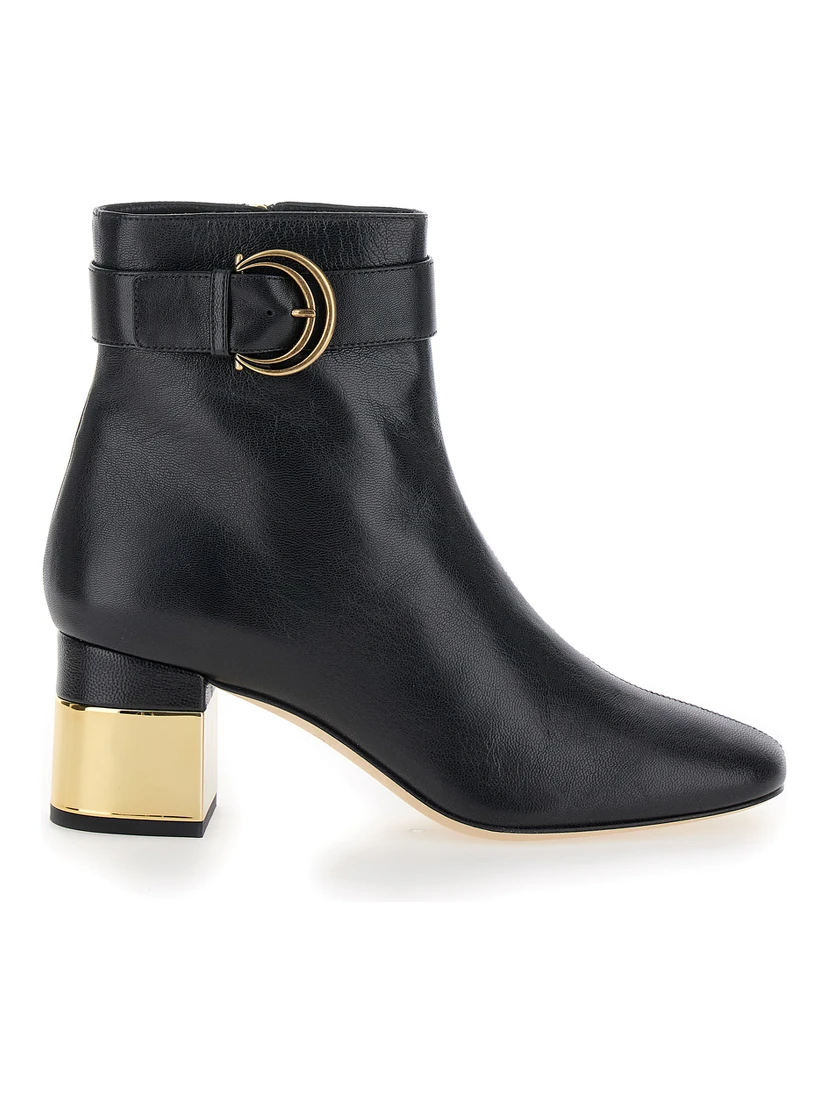 Alize Black Ankle Boots with C Buckle in Smooth Leather Woman