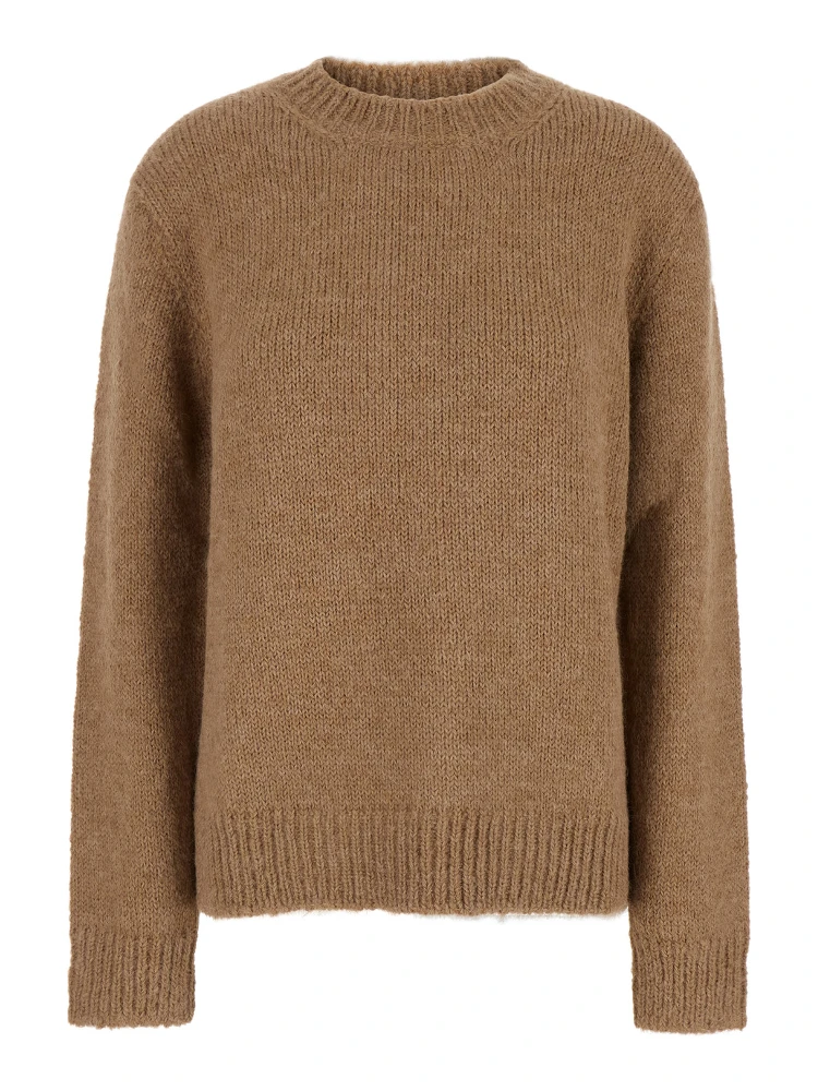 Oversized Beige Sweater with Ribbed Trim in Wool Woman