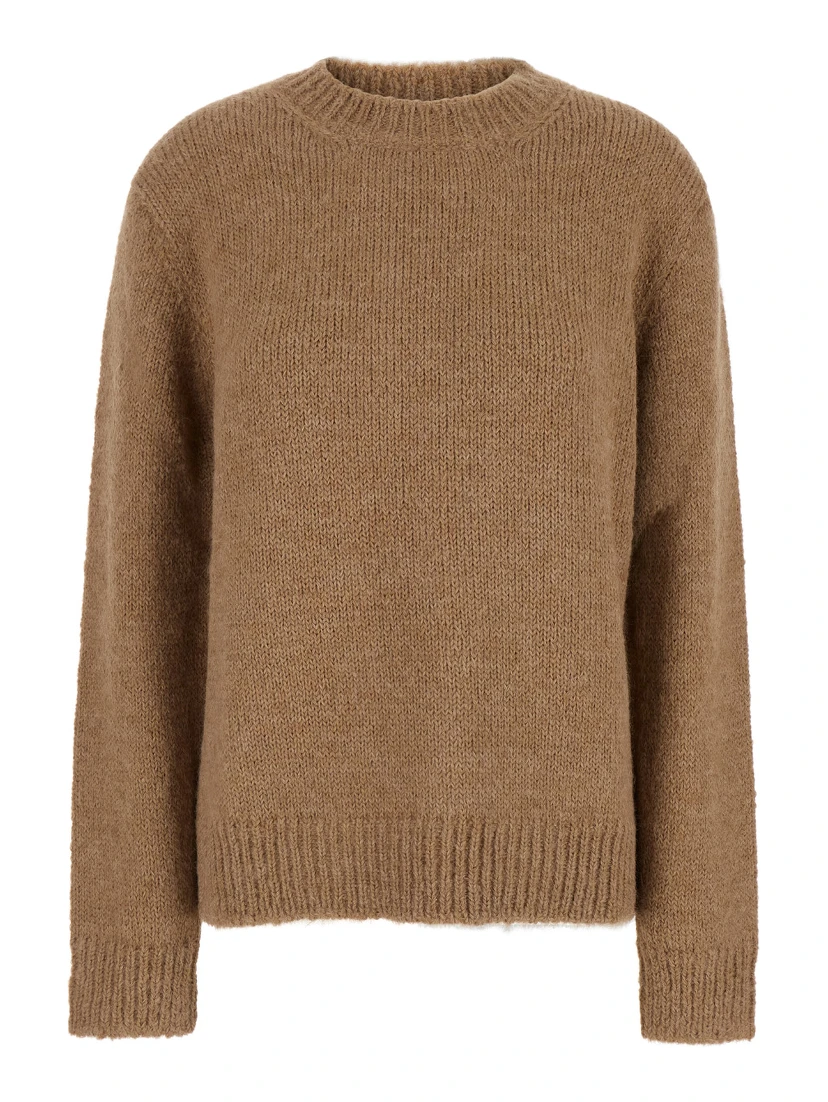 Oversized Beige Sweater with Ribbed Trim in Wool Woman