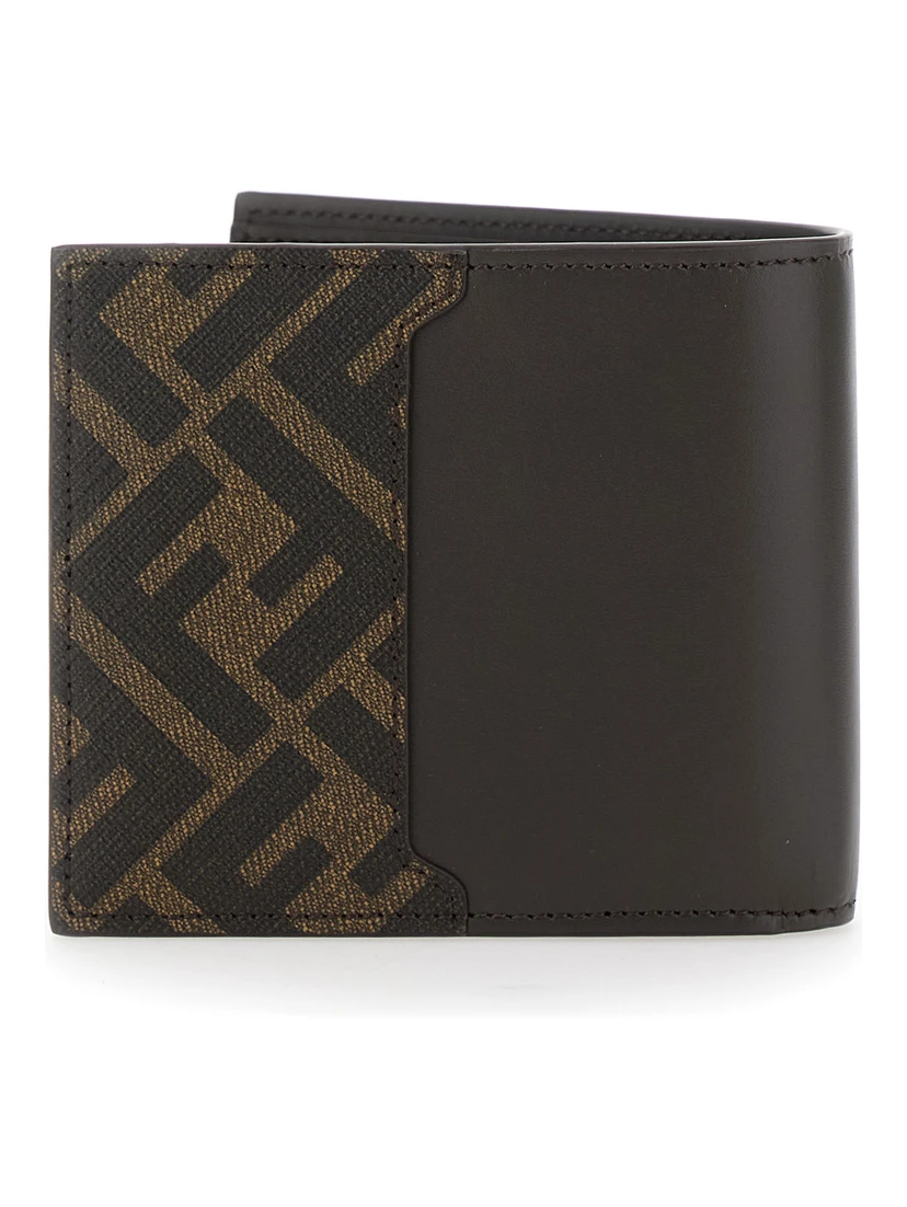 Brown Bi-Fold Wallet with Squared FF Motif in Leather Man