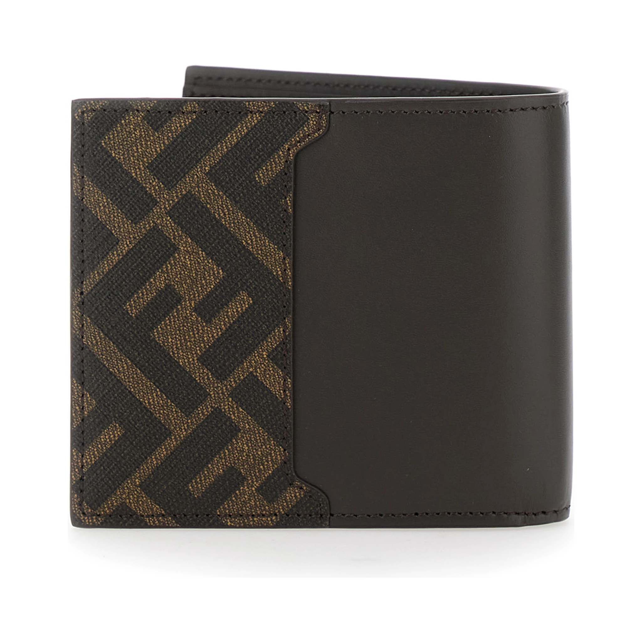 Brown Bi-Fold Wallet with Squared FF Motif in Leather Man