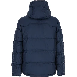 Blue Down Jacket with Fixed Hood and Embroidered Pony Logo on Chest in Tech Fabric Man