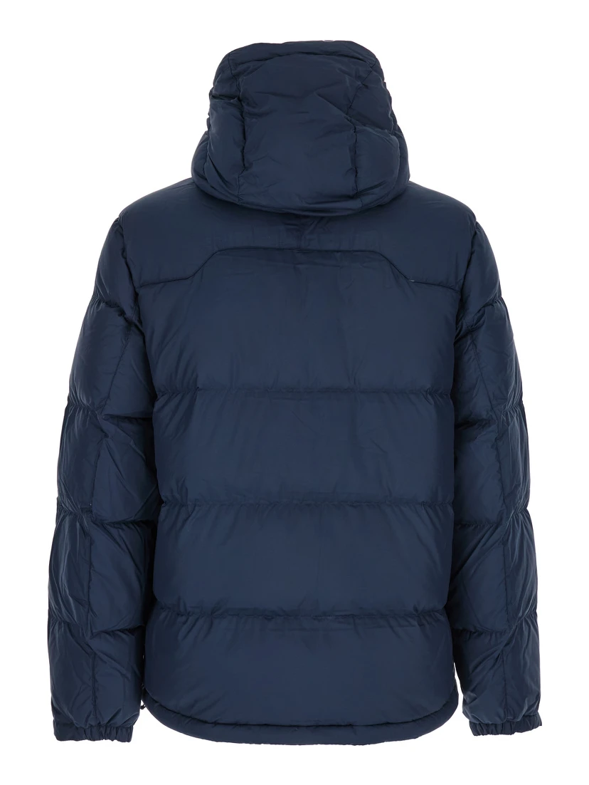 Blue Down Jacket with Fixed Hood and Embroidered Pony Logo on Chest in Tech Fabric Man