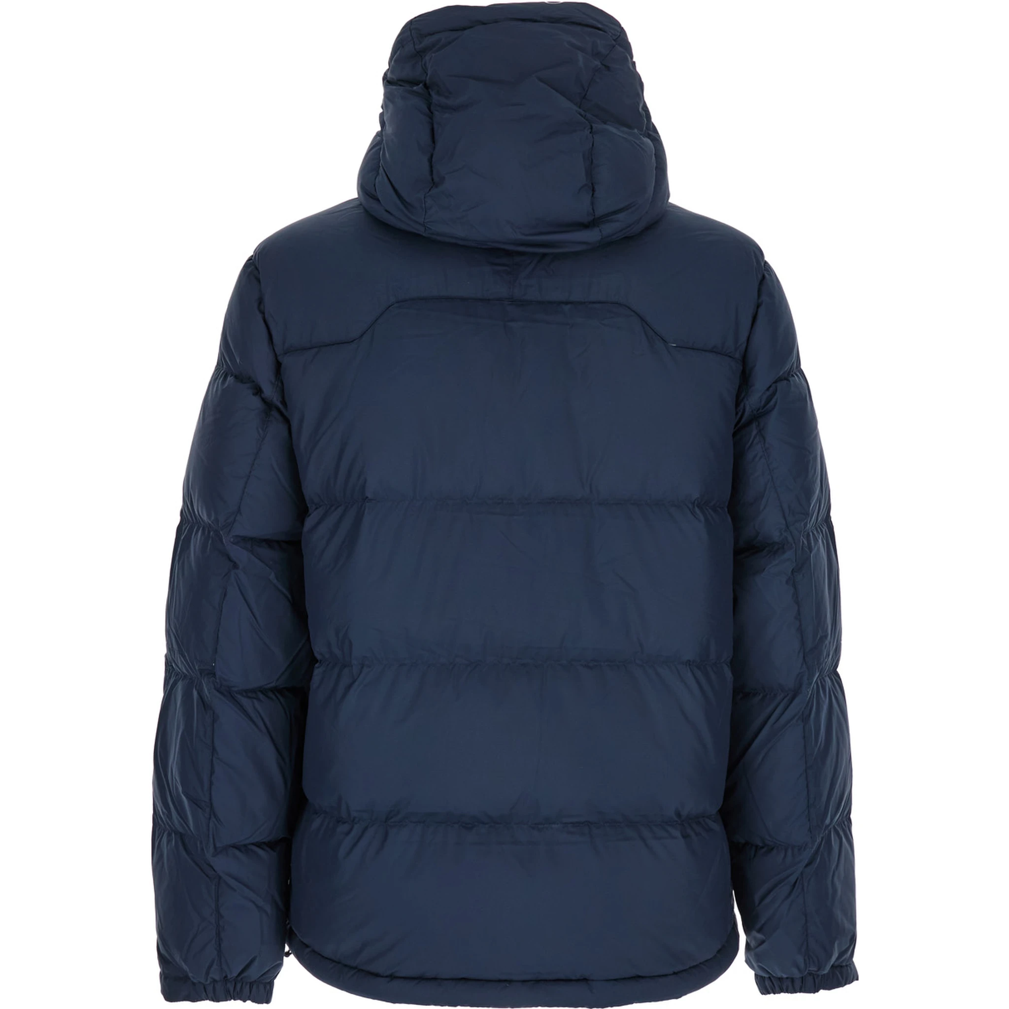 Blue Down Jacket with Fixed Hood and Embroidered Pony Logo on Chest in Tech Fabric Man