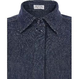 Blue Shirt with Point Collar and Hidden Closure in Denim Woman