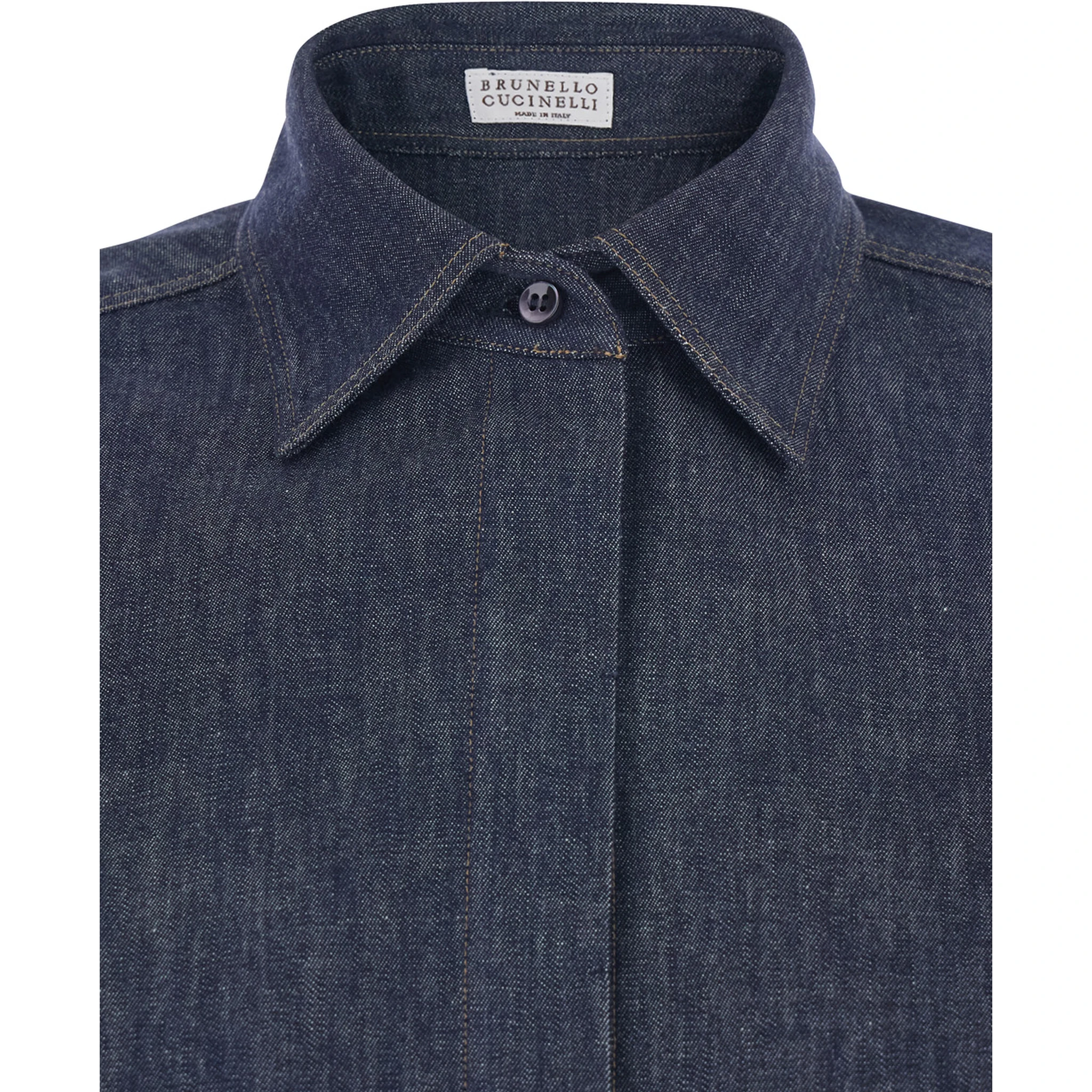 Blue Shirt with Point Collar and Hidden Closure in Denim Woman