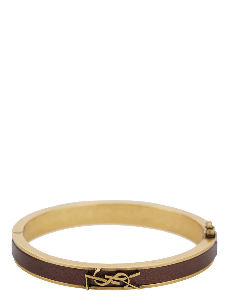 Brown and Gold Colored Bracelt with Cassandre in Metal and Leather Woman