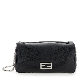 Baguette Chain Large Black Crossbody Bag with FF Closure in Leather Woman