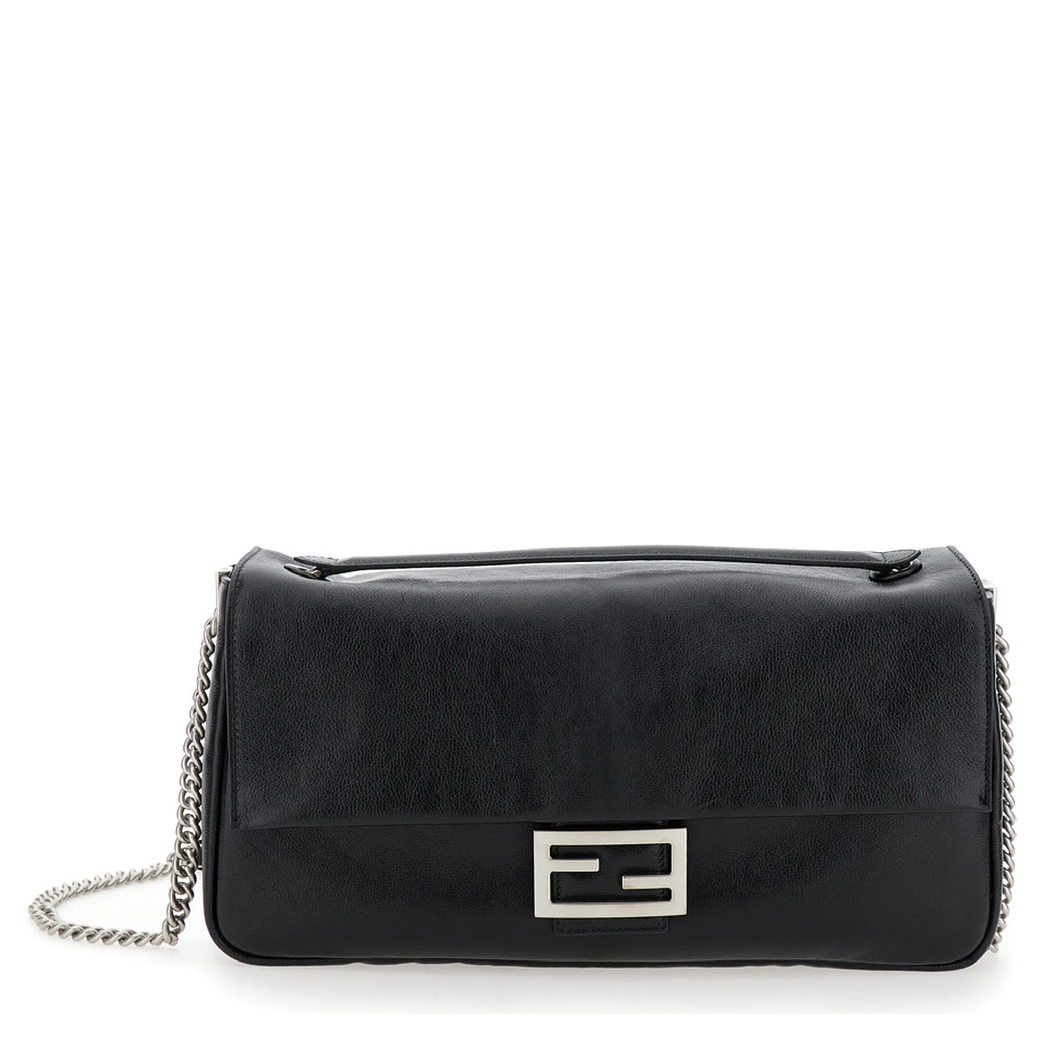 Baguette Chain Large Black Crossbody Bag with FF Closure in Leather Woman