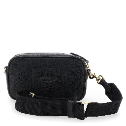 The Crossbody Black Shoulder Bag with Logo Embossed on the Front in Hammered Leather Woman