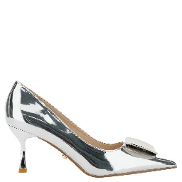 Metallic Pumps with Metallic Square Buckle and Stiletto Heel in Mirrored Fabric Woman