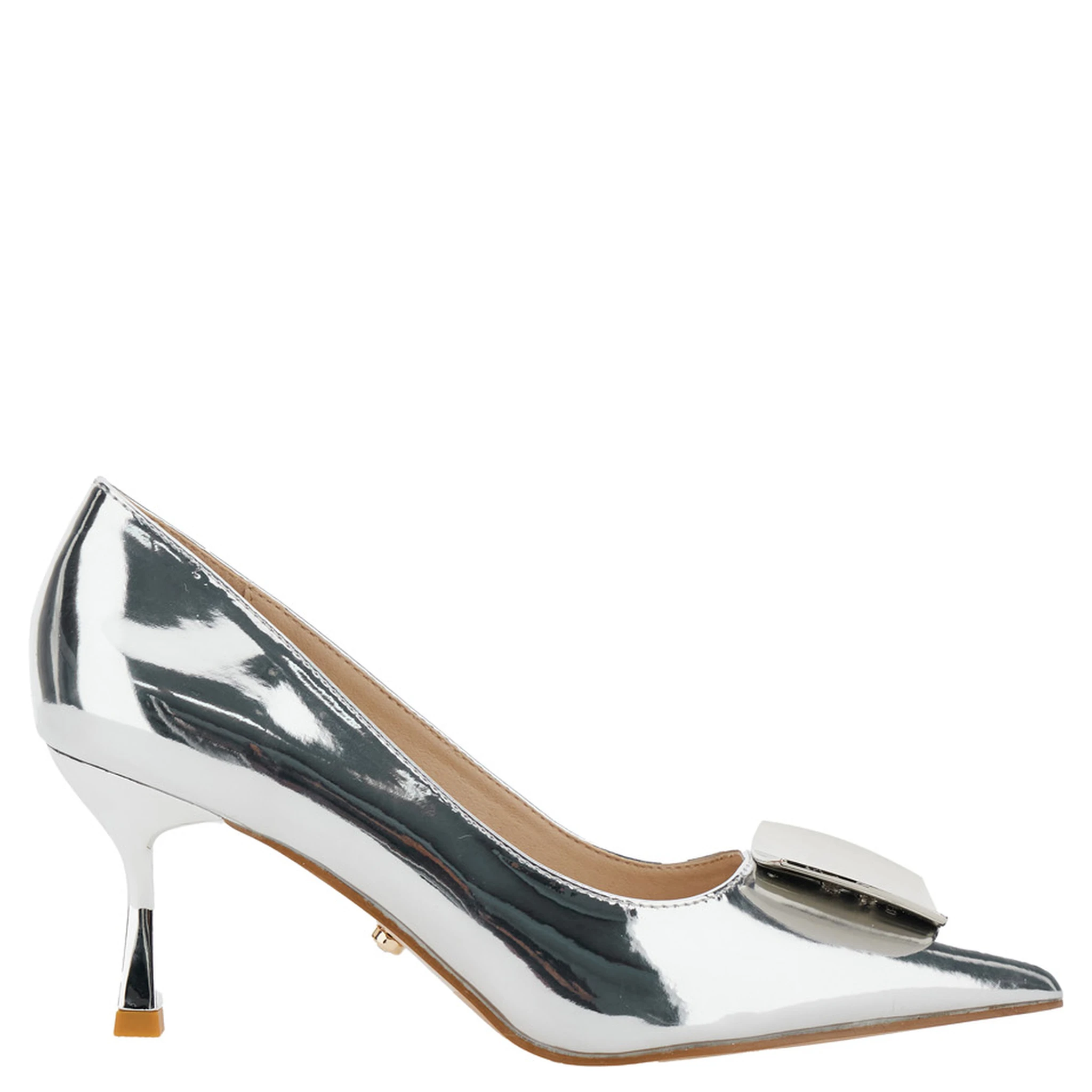 Metallic Pumps with Metallic Square Buckle and Stiletto Heel in Mirrored Fabric Woman