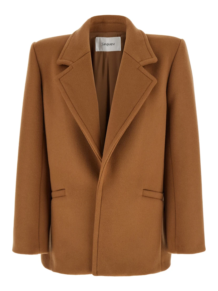 Brown Coat with Classic Lapels and Shoulder Pads in Virgin Wool Woman