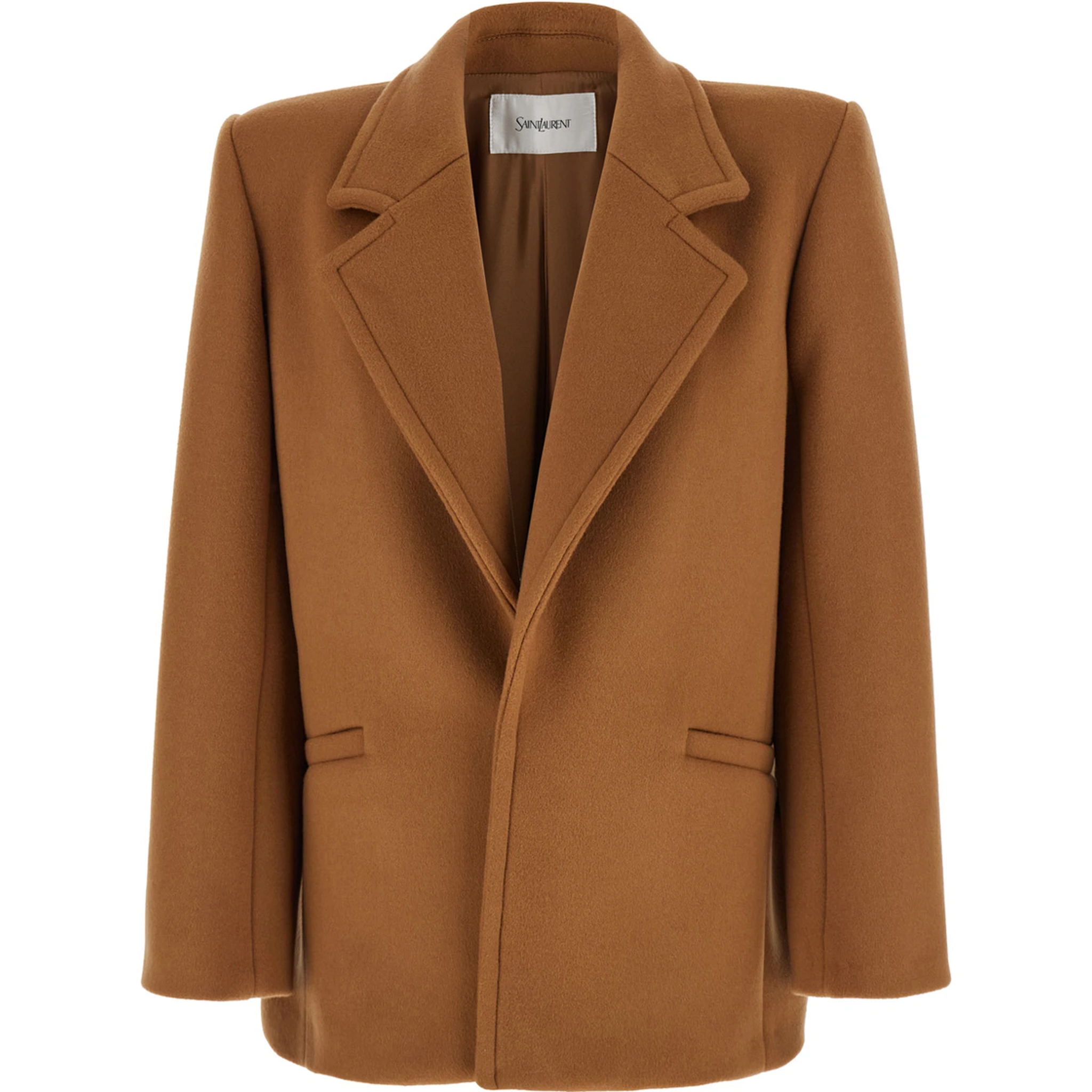 Brown Coat with Classic Lapels and Shoulder Pads in Virgin Wool Woman